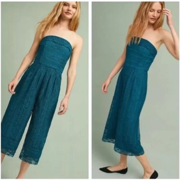 Anthropologie Greylin Stowe Lace Jumpsuit Teal Strapless Wide Leg, Small - Picture 1 of 8
